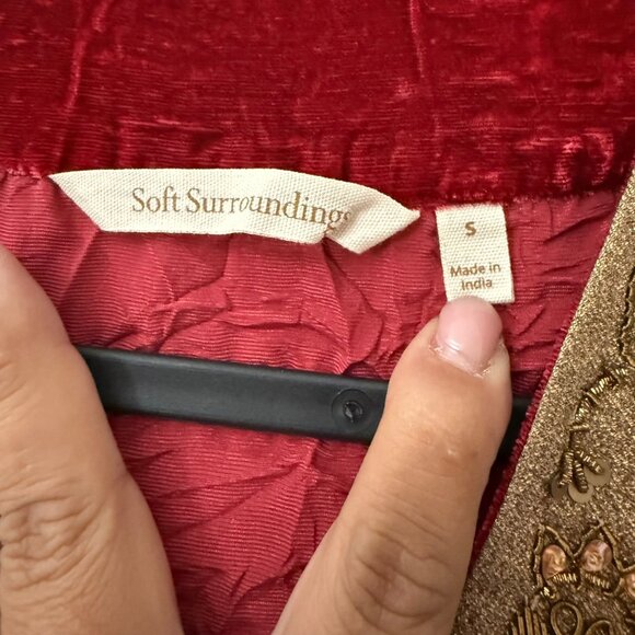 Soft Surroundings Red Crushed Velvet Jeweled Open Cardigan Sweater Womens Size S - Picture 5 of 6